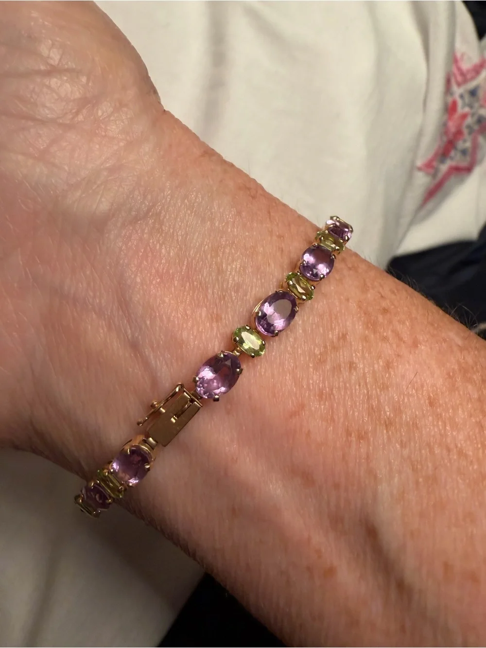 14K Yellow Gold Amethyst Peridot Tennis Bracelet 8.25” 33 Stones Box Clasp